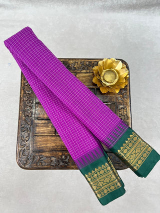 GADWAL PURE COTTON CHECKS TEMPLE BORDER HANDLOOM SAREE