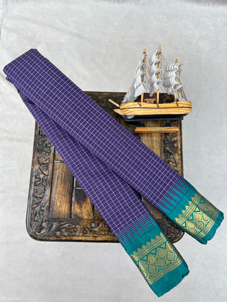 GADWAL PURE COTTON CHECKS TEMPLE BORDER HANDLOOM SAREE