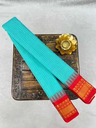 GADWAL PURE COTTON CHECKS TEMPLE BORDER HANDLOOM SAREE